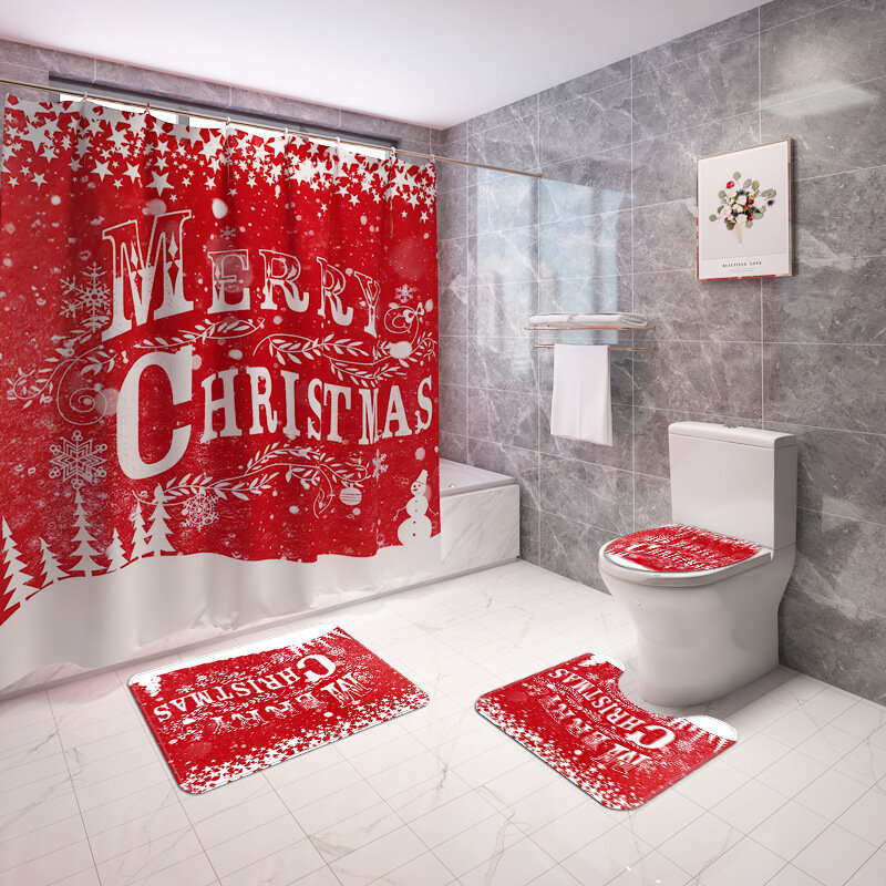 Feliz Navidad Impermeable Cuarto de baño Cortina de ducha a prueba de moho Cubierta de inodoro Alfombra antideslizante J