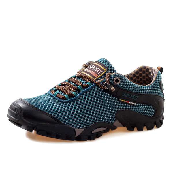 Zapatos casuales de montaña transpirables con cordones y punta redonda y malla deportiva para hombre