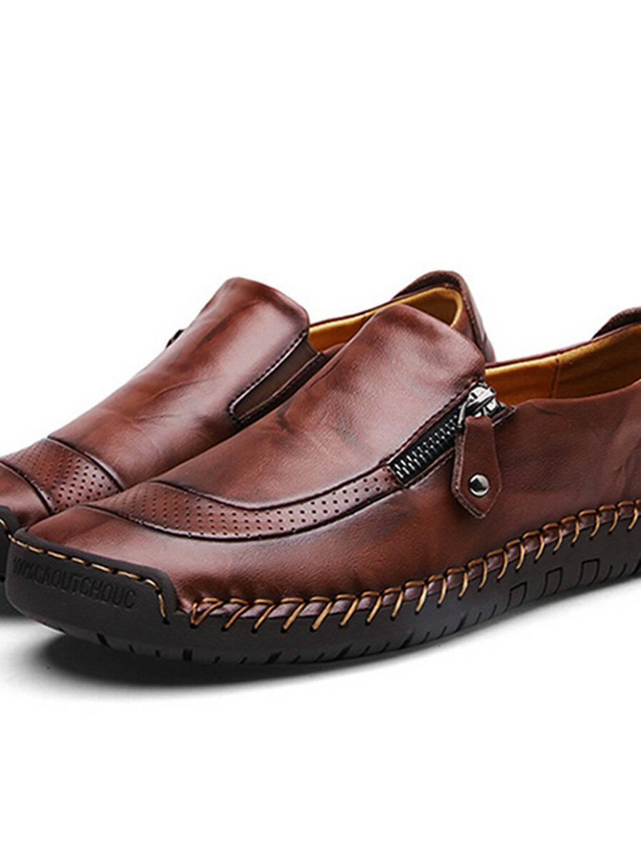 Banggood Zapatos de Costura a Mano de la Piel Genuina Oxford Slip On con Cremallera Lateral