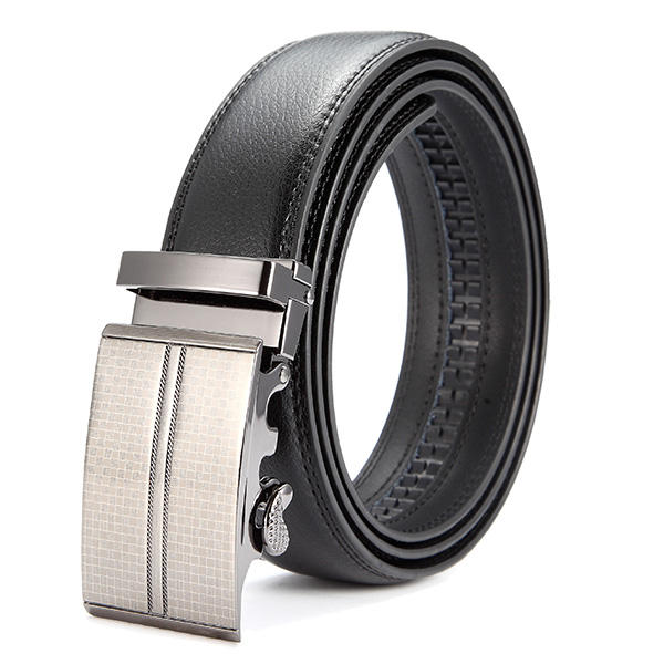 Hombres de segunda capa de cuero de negocios Cinturón aleación ajustable automático hebilla de cuero negro Cinturón