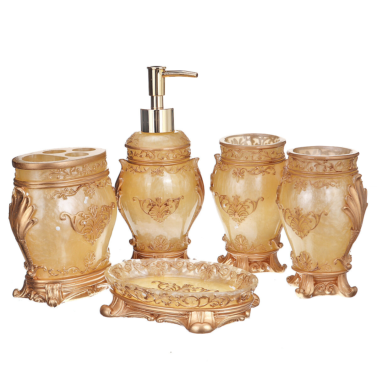 5 piezas estilo europeo Cuarto de baño accesorios conjunto flores doradas traje de lavado de resina antigua para suminis