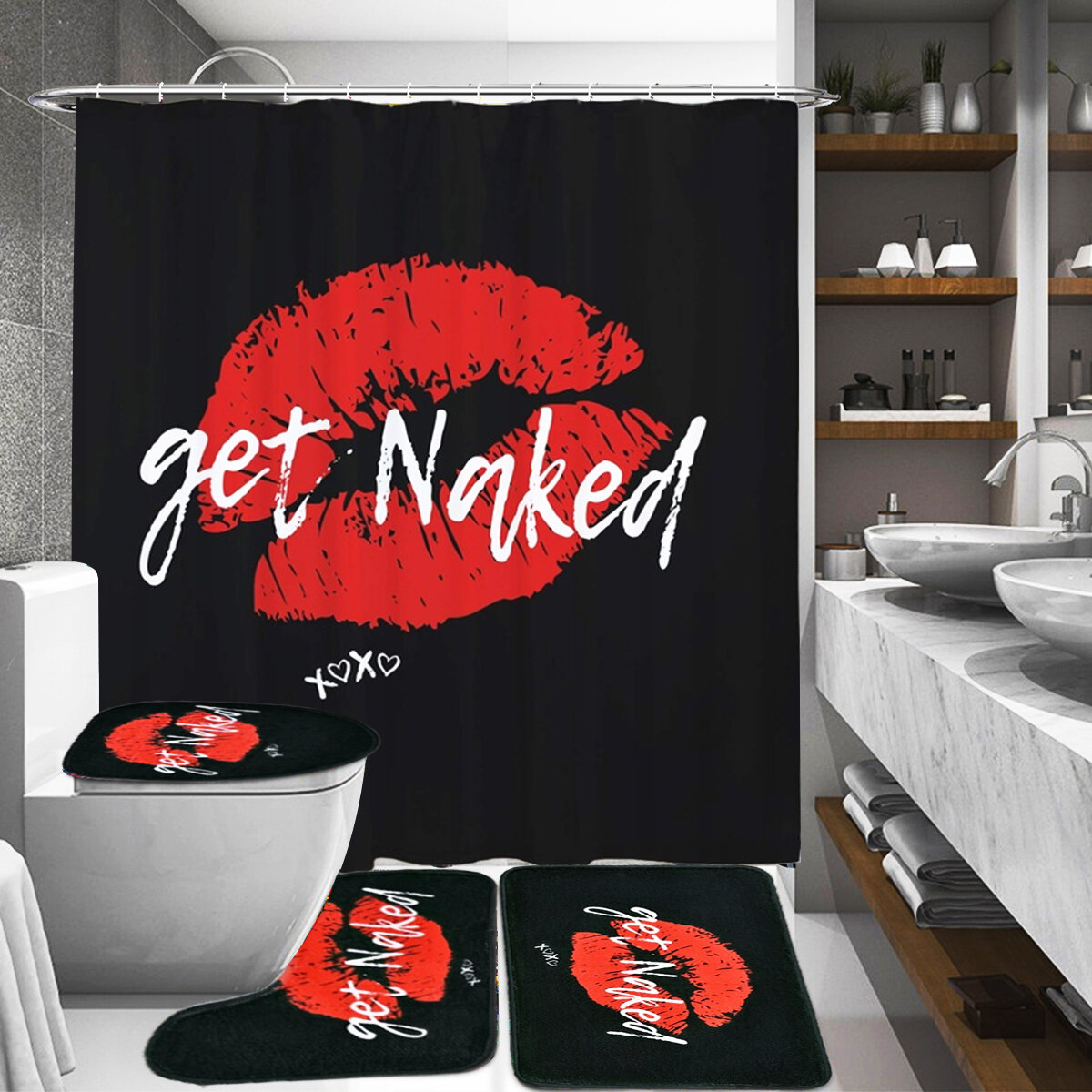 Get Naked Printing Cuarto de baño Juego de cortina de ducha Tapete para inodoro Cuarto de baño Juego de tapete antidesli