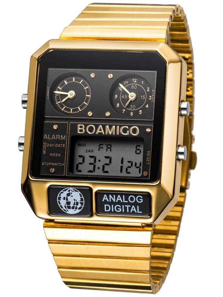 Reloj digital BOAMIGO F928 Fashion Men Fecha Semana Pantalla Cronógrafo 3 Zona horaria Impermeable LED Reloj Dual Pantal