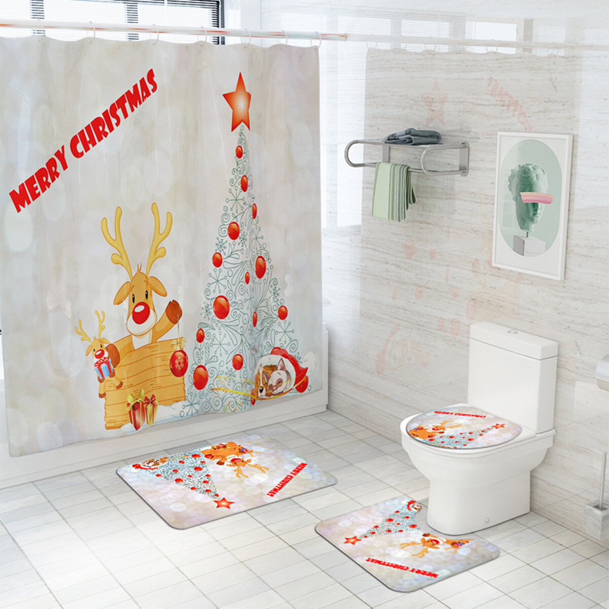 Árbol de Navidad Navidad Cuarto de baño Cortina de ducha Cubierta de inodoro Alfombra Alfombra de baño de piso