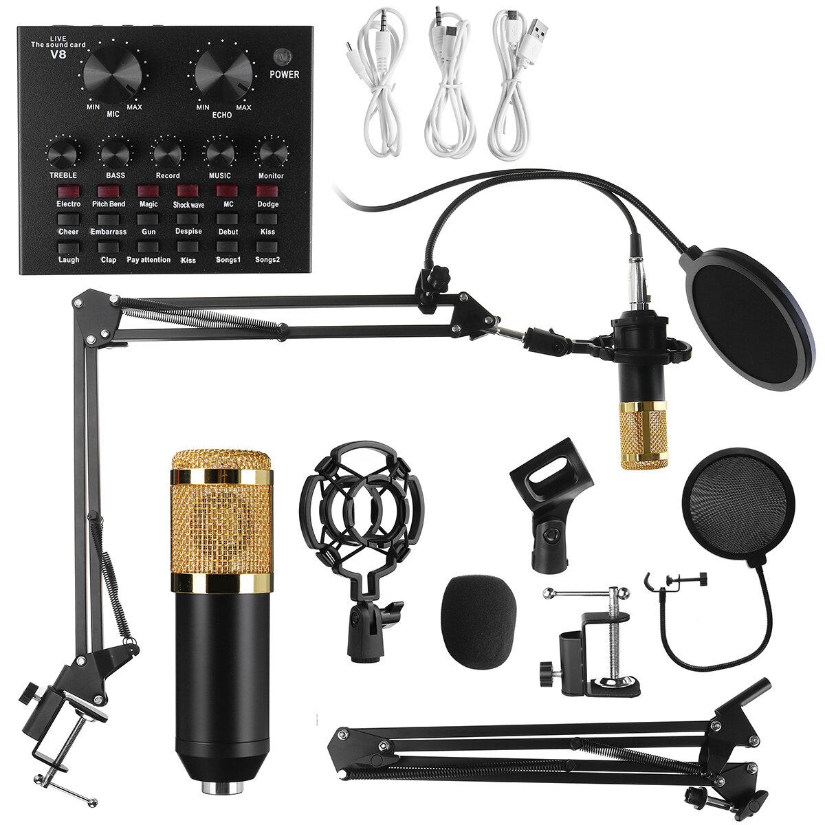 Bakeey 9in1 Condenser Micrófono Kit Tarjeta de sonido en vivo Micrófono Stand Shock Mount Set de micrófono profesional p