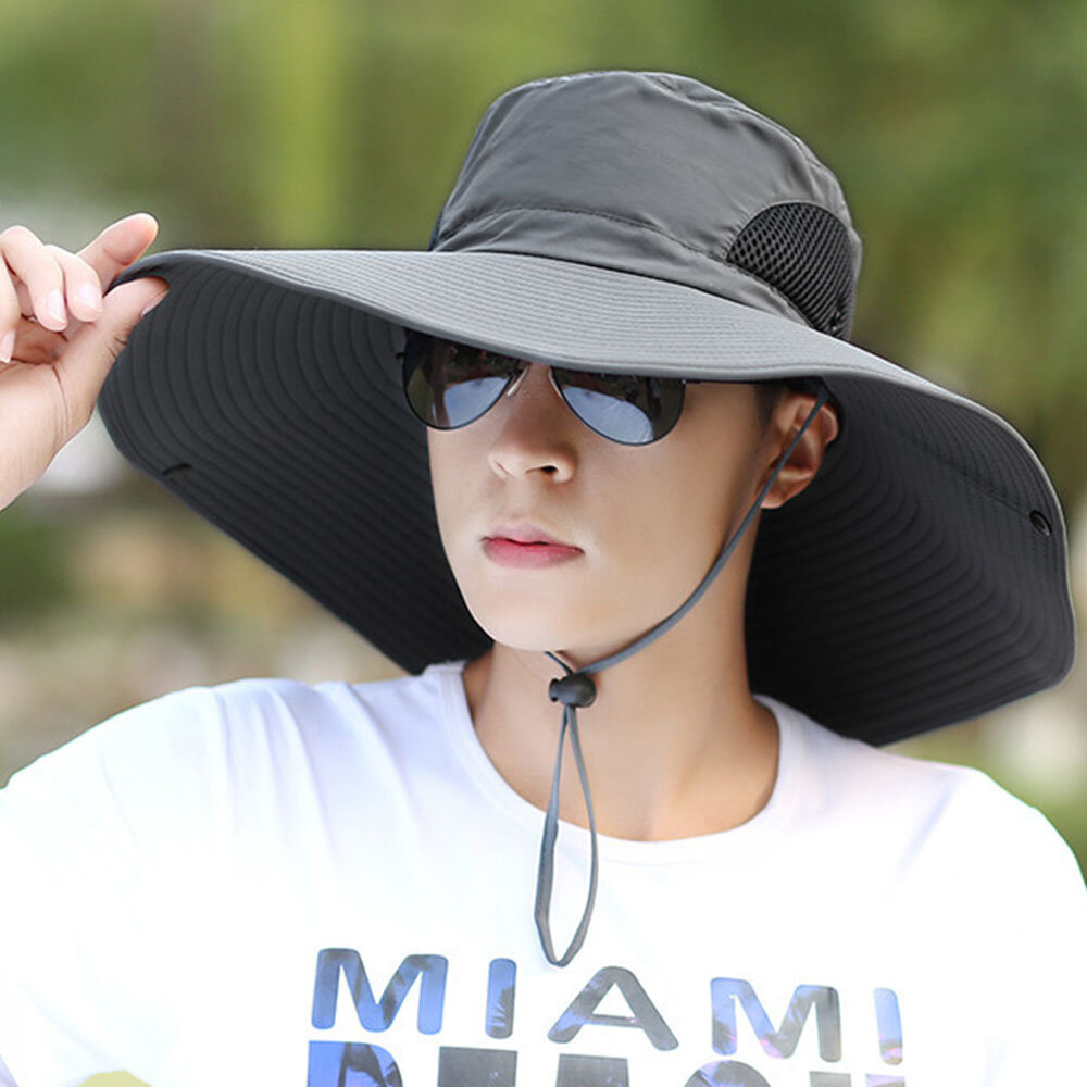 Hombres Verano UV Protección Wild Big Brim 15 Centímetros Visor Ajustable Sol Sombrero Cubo Sombrero Para pesca Montañis