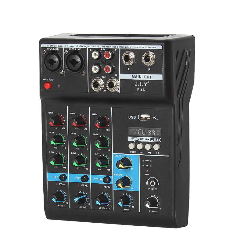 Mezclador de audio JIY F-4A Mezclador bluetooth de 4 canales Karaoke profesional con USB Amplificador Consola mezcladora