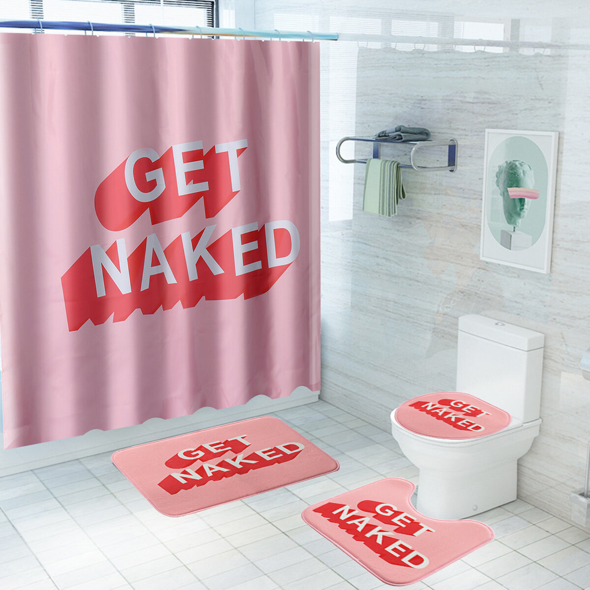 Juego de cortina de ducha Cuarto de baño Tapete antideslizante para inodoro Tapete Rosa