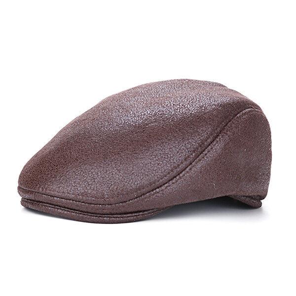 Hombres vendimia Artificial Leather Beret Cap Sólido Casual Visor Winter Warm Gentleman Forward Hats