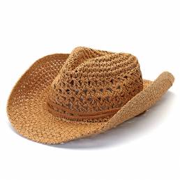 Hombre Fedora Straw Hollow Out Cowboy Sombrero Gorra de jazz de ala ancha transpirable de verano