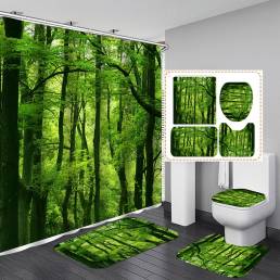 Green Forest Impermeable Cortina de ducha Cuarto de baño Juego de almohadillas para alfombrillas con tapa de inodoro