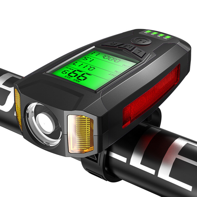 Negro BIKIGHT Luz de bicicleta COB 3 en 1 350LM + Bocina USB Lámpara + Medidor de velocidad LCD Pantalla 5 modos Imperme