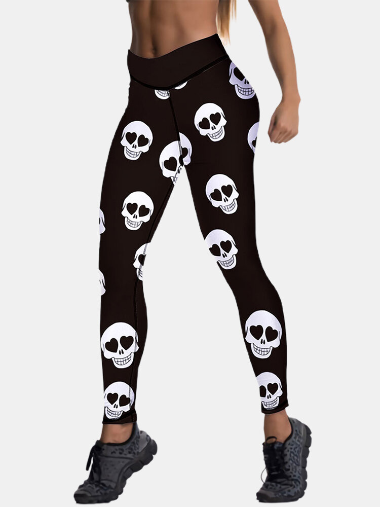 Sport Mujer Deporte de levantamiento de cadera de cintura alta con estampado de esqueleto de Halloween Pantalones