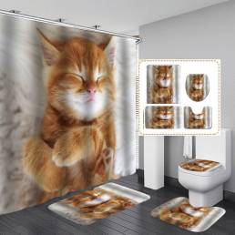 Cat Printing Impermeable Cuarto de baño Juego de alfombrillas para cortinas de baño