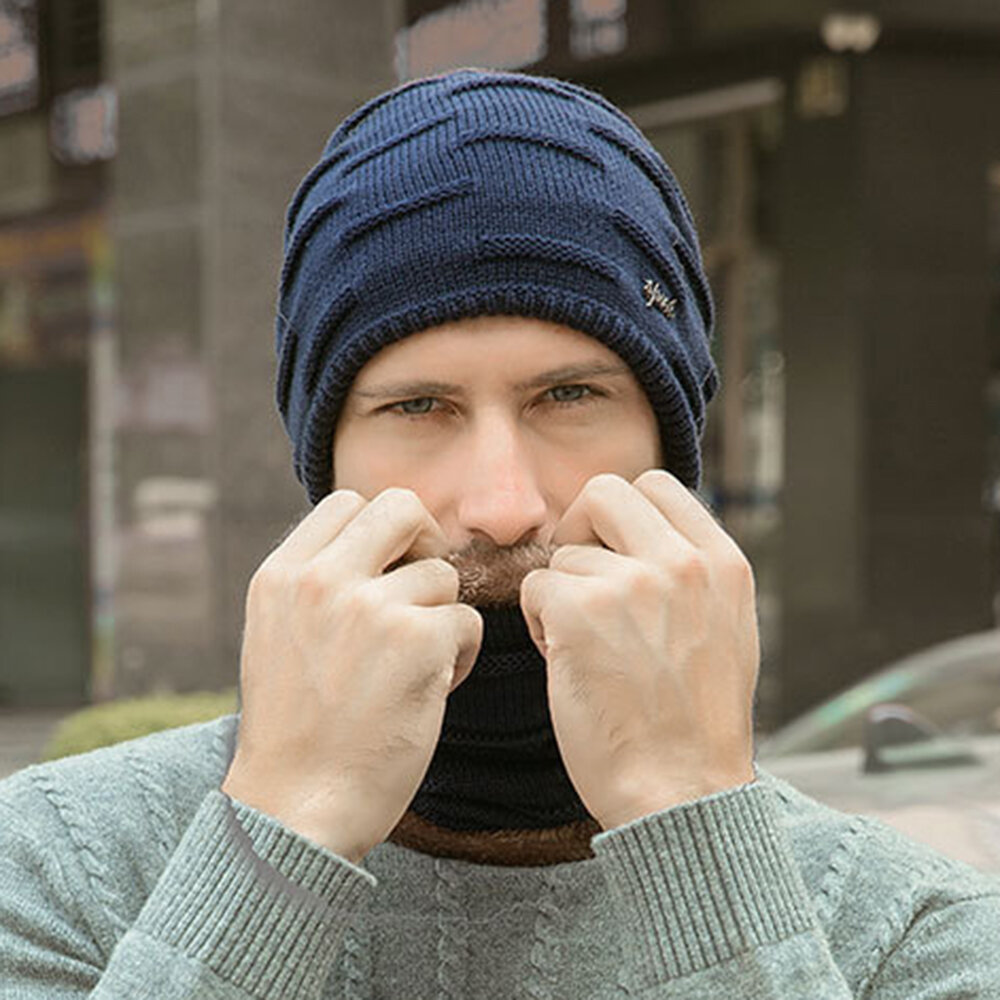 Hombres 2PCS Plus Terciopelo grueso Invierno al aire libre Mantener caliente Cuello Protección Sombrero Bufanda Lana Som