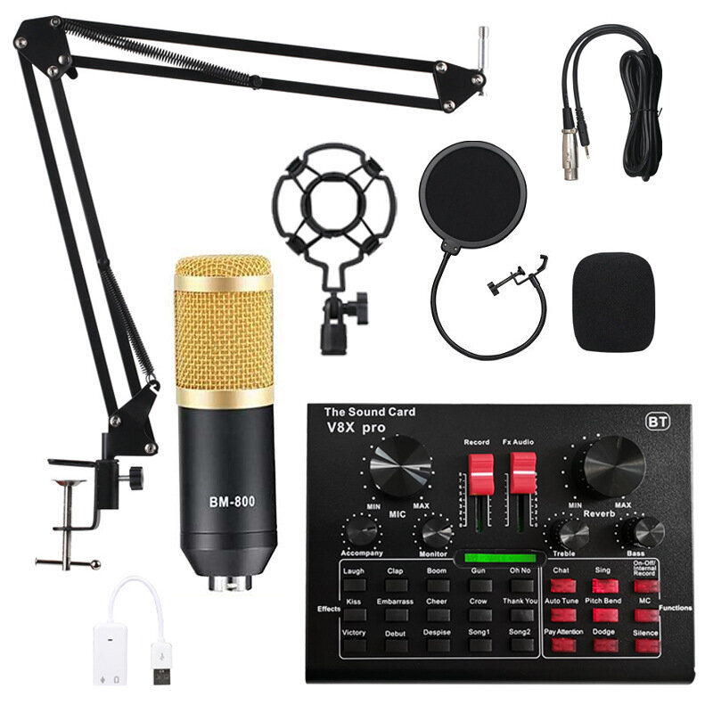 Tarjeta de sonido en vivo BM800 V8 Condensador Micrófono Kit de micrófono de soporte de brazo de montaje de grabación pa