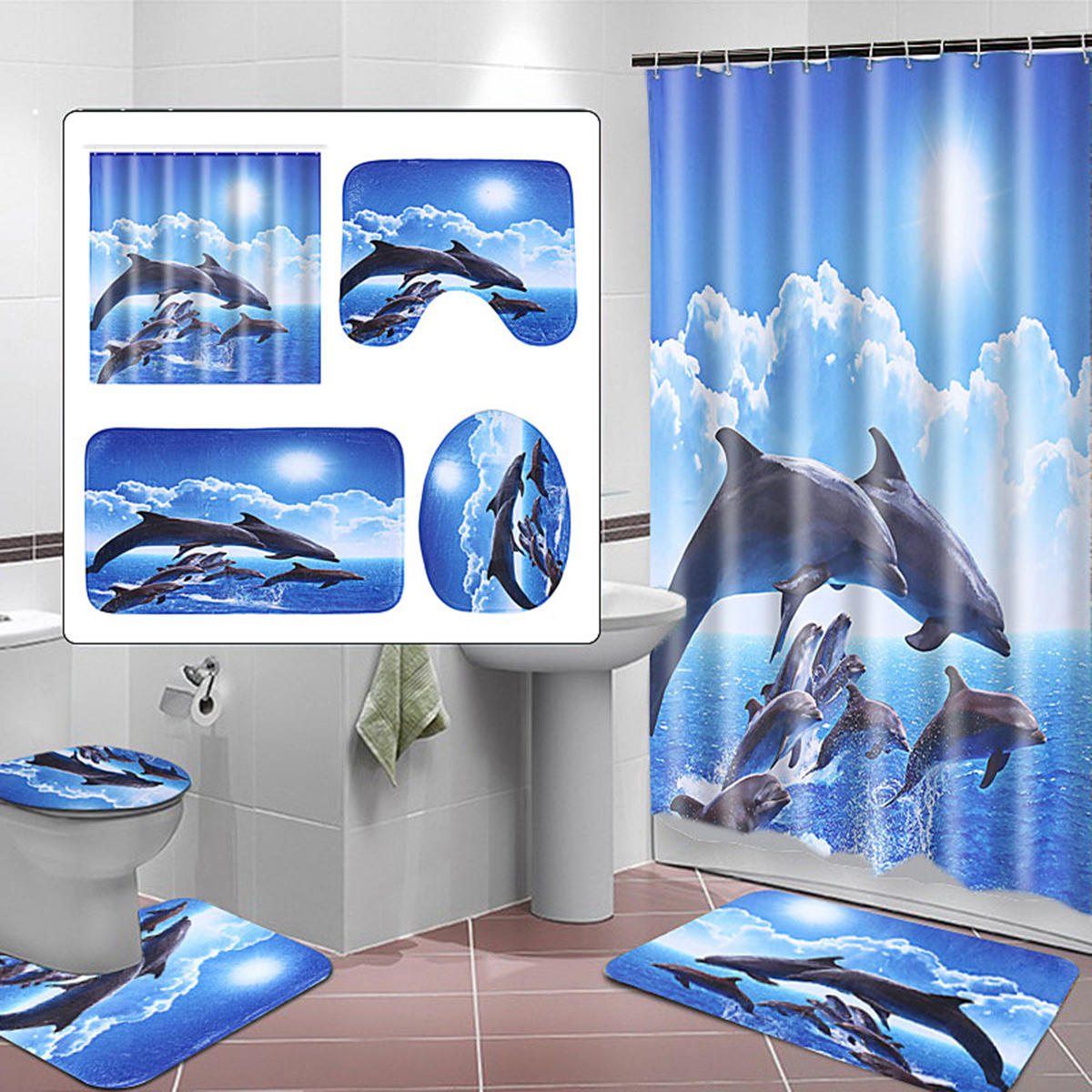 Cortina de baño Almohadilla de baño Pedestal Alfombra Tapa Tapa del inodoro Arte Moda Dolphin