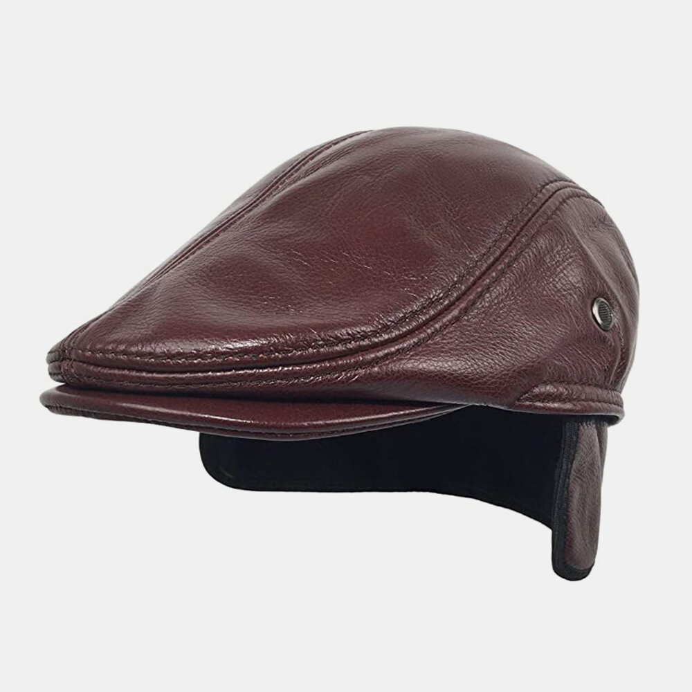 Banggood Diseño Hombres Piel Genuina Retro Casual Color sólido Cuello Protección Cuero Forward Sombrero Boina Sombrero