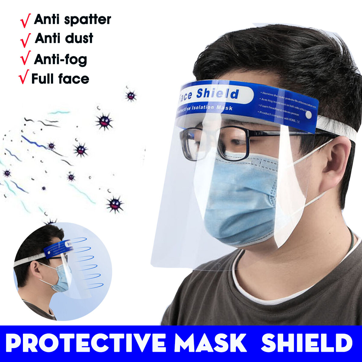 10 piezas de protección Mascara Nuevo ajuste Máscara protectora elástica HD PET protectora antiniebla Mascara