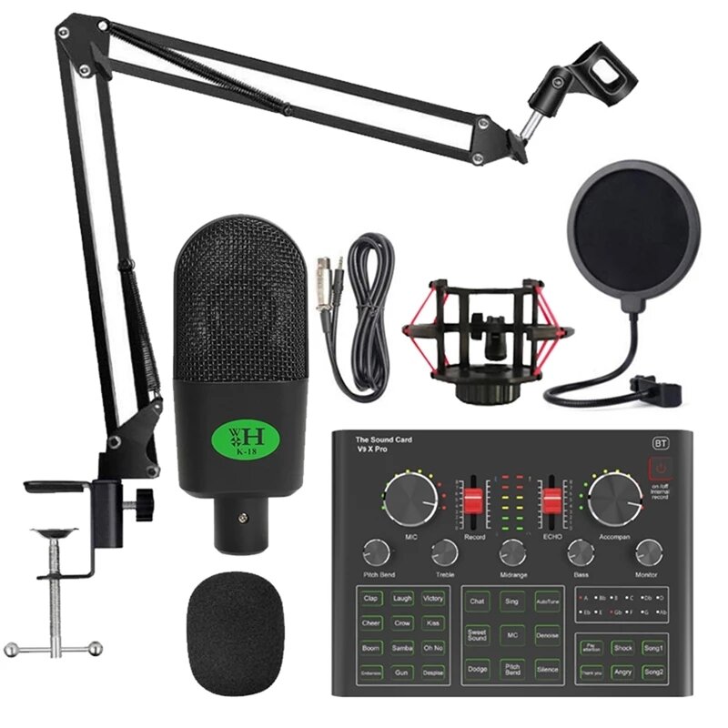 Bakeey K18 Condenser Micrófono Set con V9X PRO Live Sound Card DSP Reducción de ruido Karaoke Studio Live Set para compu