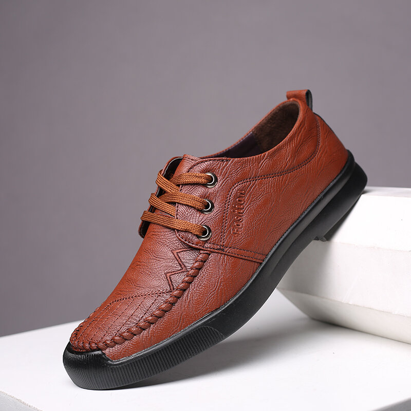 Zapatos de cuero informales de negocios con cordones de microfibra Soft de costura cómoda para hombre