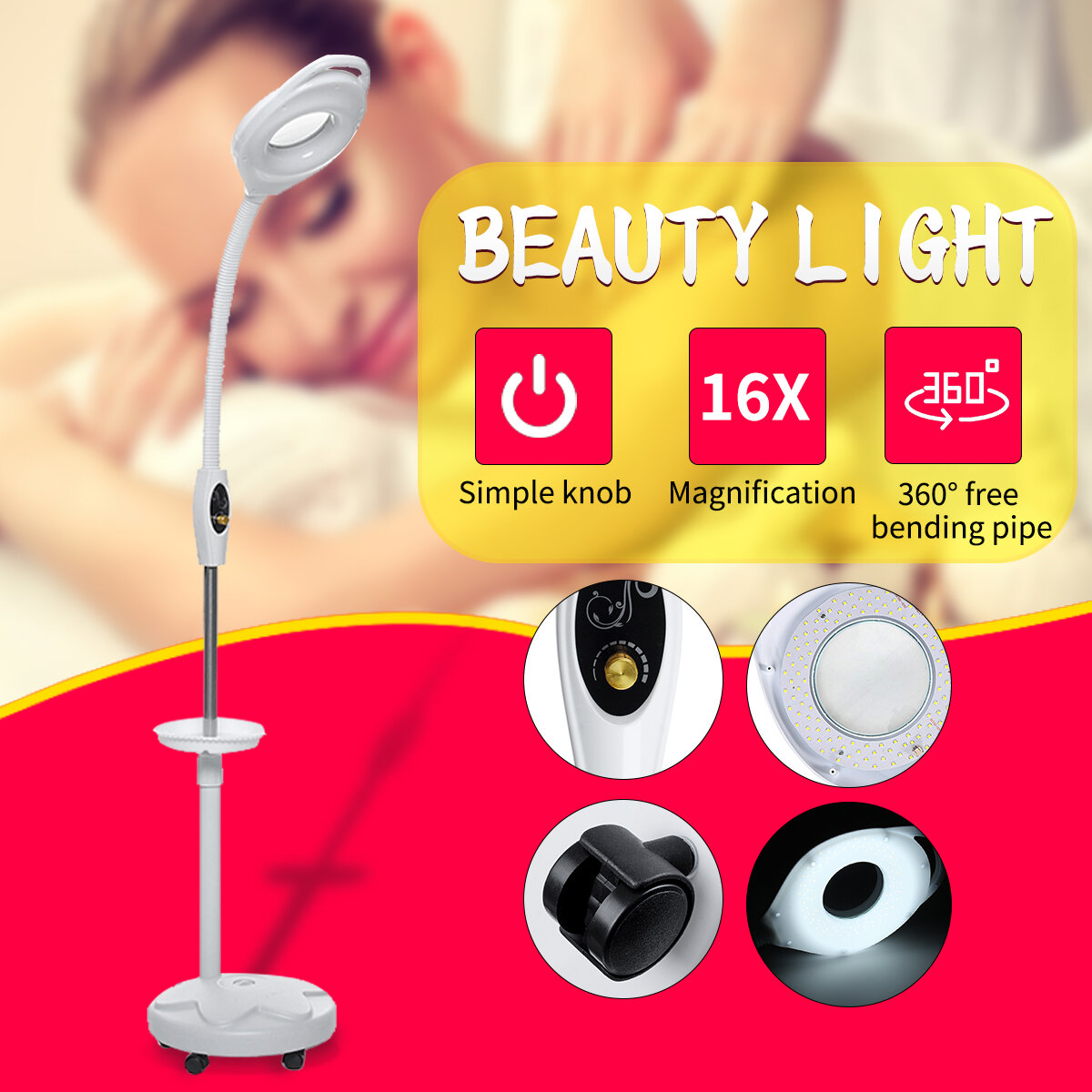 16 LED Suelo de aumento facial Lámpara Lupa giratoria ajustable con luz Salón de spa