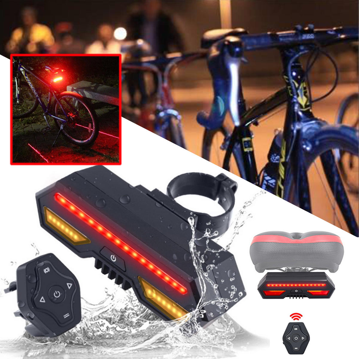 Bicicleta Bicicleta trasera Láser LED Indicador Luz de señal de giro Inalámbrica Control remoto Luz trasera Carga USB