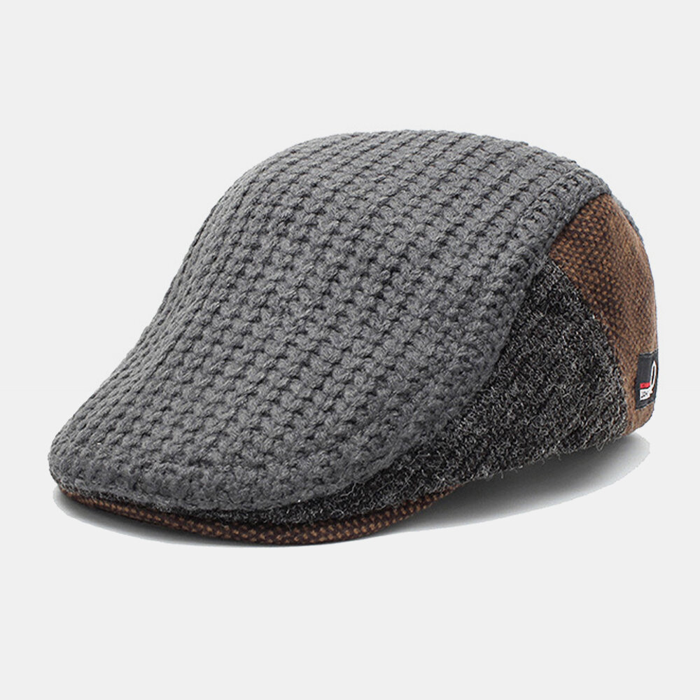 Moda retro de costura de tejido de punto para hombre Mantener el calor en otoño e invierno Boina plana de punto Sombrero