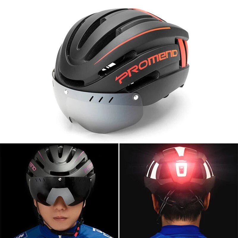 Casco de ciclismo PROMEND Racing con gafas y luz trasera para hombre